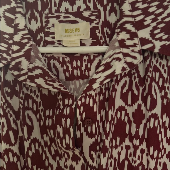 Anthropologie Maeve Bettina Tiered Shirtdress Burgundy and White 3/4 Sleeve - Picture 2 of 3